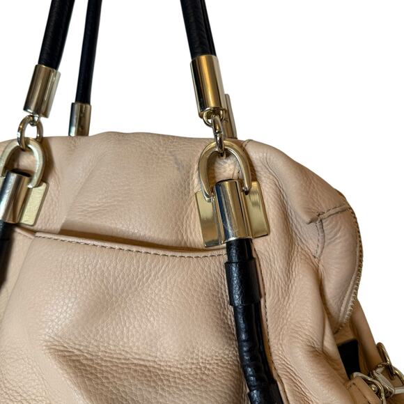 DKNY Vintage Leather Satchel Beige Black Bowler Bag Purse Handbag - Picture 9 of 11